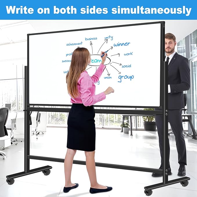 Double-Sided 5' x 3' Dry Erase Board with Stand, 60"x40" Large Magnetic Standing Easel Whiteboard Rolling Whiteboard on Wheels, with 2 Eraser, 6 Markers, 20 Magnets