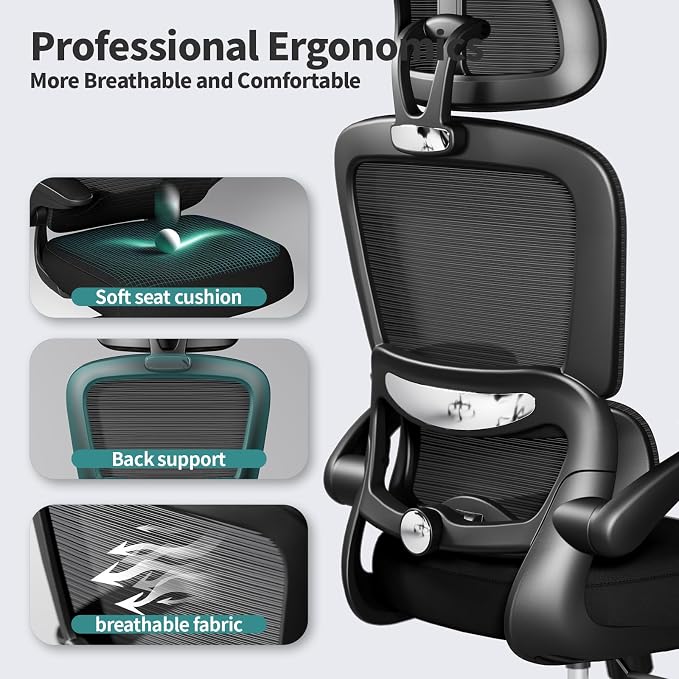 TRALT Office Chair Ergonomic Desk Chair - Gaming Chair with Lumbar Support | 330 LBS Home Office Desk Chairs with Headrest, Reading Chair with Flip-up Armrests, Comfortable Computer Chairs (15, Black)