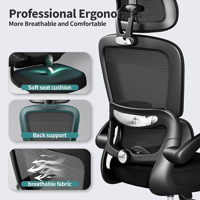 TRALT Office Chair Ergonomic Desk Chair - Gaming Chair with Lumbar Support | 330 LBS Home Office Desk Chairs with Headrest, Reading Chair with Flip-up Armrests, Comfortable Computer Chairs (6, Black)