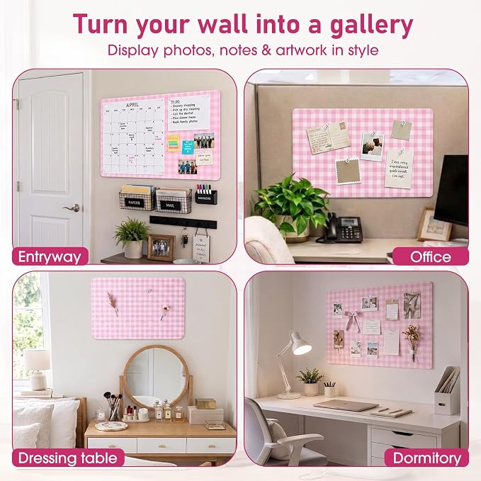 Felt Bulletin Board, 24" x 15.7" Decorative Felt Pin Board, Foldable Photo Display with Pushpins, Wall Vision Cork Boards Alternative for Home Bedroom Office Dorm (Pink Plaid)