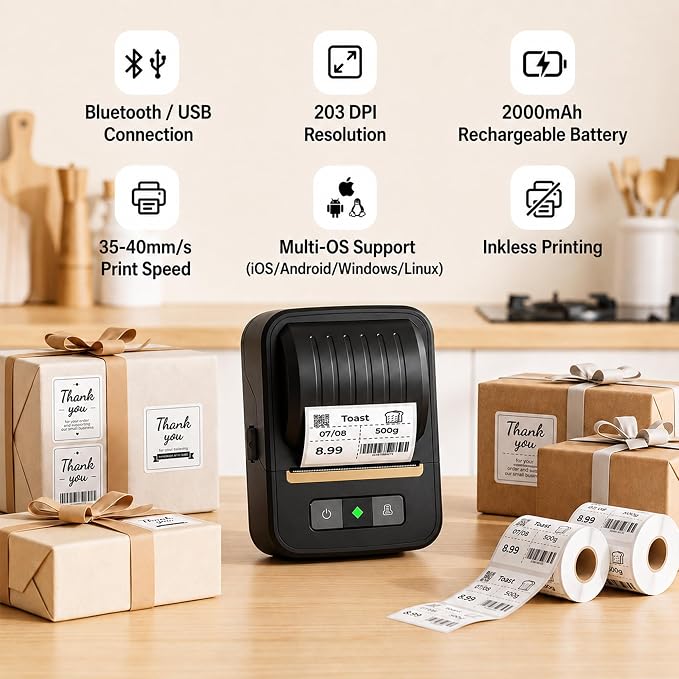 Label Maker Machine with Tape, Bluetooth 2 Inch Thermal Label Printer | Bluetooth Portable Inkless Sticker Printer for Small Business, Home, School & Office Organization, Includes 1 Label Roll