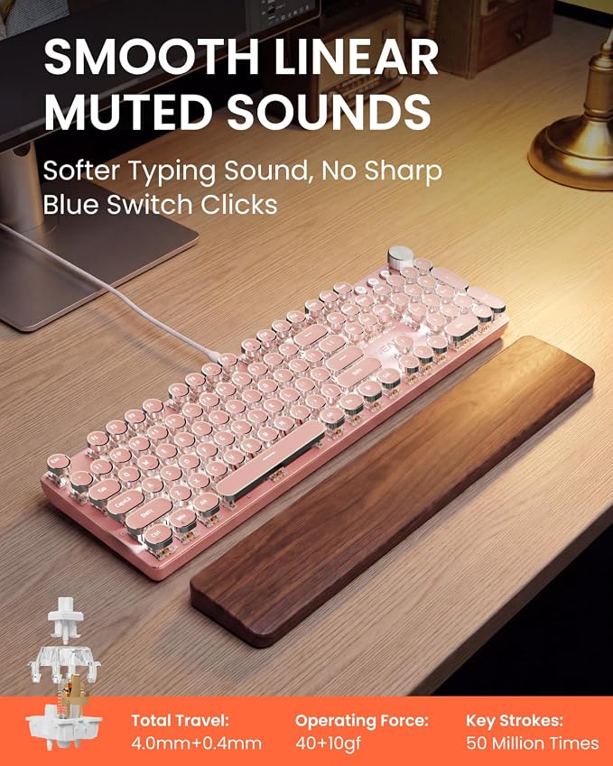 EWEADN Wired Typewriter Mechanical Keyboard, Low Noise White Switch Retro Punk Keyboard with Media Knob, White Backlit, Metal Panel, 104-Key Round Keycaps Cute Keyboard for Windows PC - Pink