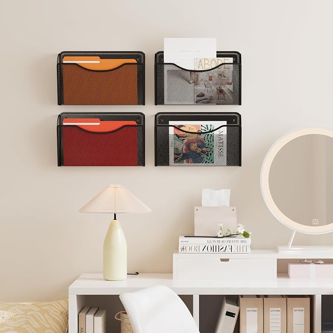 MINDEPOT Wall File Organizer, Hanging Wall File Holder, 1 Pack, Black | Heavy Duty Iron, Metal Mesh Wall Mount, Single Pocket, Mail Organizer, for Office School Classroom Home, Letter A4 Size