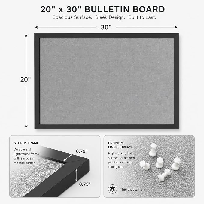 20"x30" Black Framed Grey Linen Bulletin Board, Pin Board | Linen corkboard texture. Premium cork boards for walls and pin board office organizer.