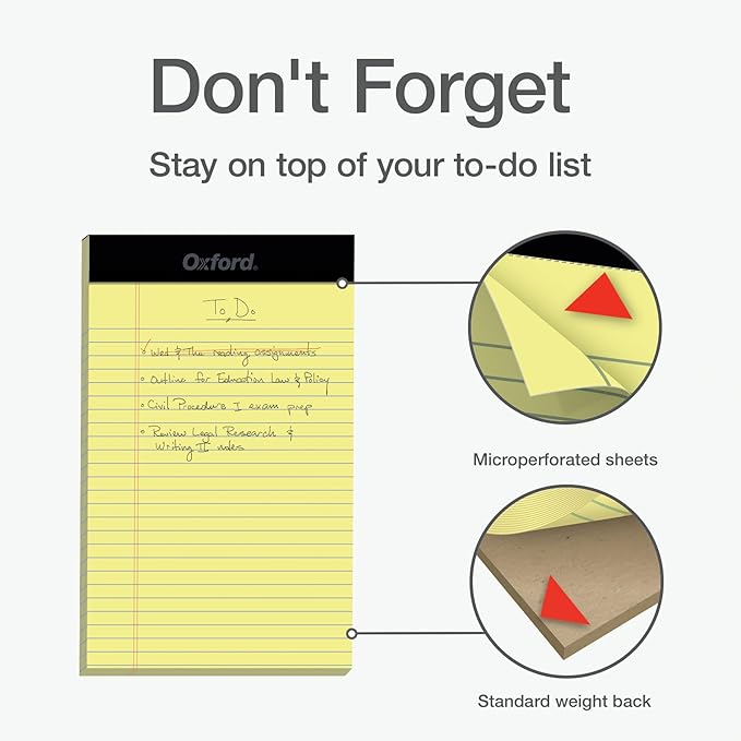 Oxford Legal Pads, 12 Pack, Note Pads, 50 Jr. Legal Ruled 5" x 8" Sheets, Canary Yellow Paper with Firm Back, Small Portable Notepads, Proudly Made in the USA