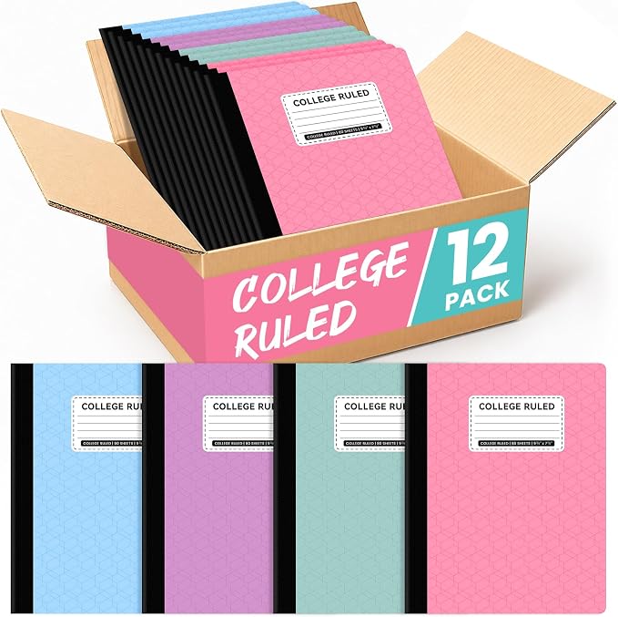 College Ruled Composition Notebook 12 Pack School Supplies, 160 Pages | 9-3/4" x 7-1/2" Aesthetic Composition Notebooks, 80 Sheets, Pastel Colors, Perfect for School, Office and Note Taking