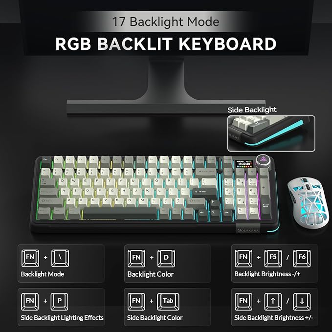 SOLAKAKA A99 Pro Wireless Mechanical Keyboard with LCD Screen & Metal Knob, 2.4GHz/BT5.0/USB-C, RGB Backlit Gaming Keyboard, Hot Swappable, Creamy Keyboard with Gasket Structure, for Win/Mac