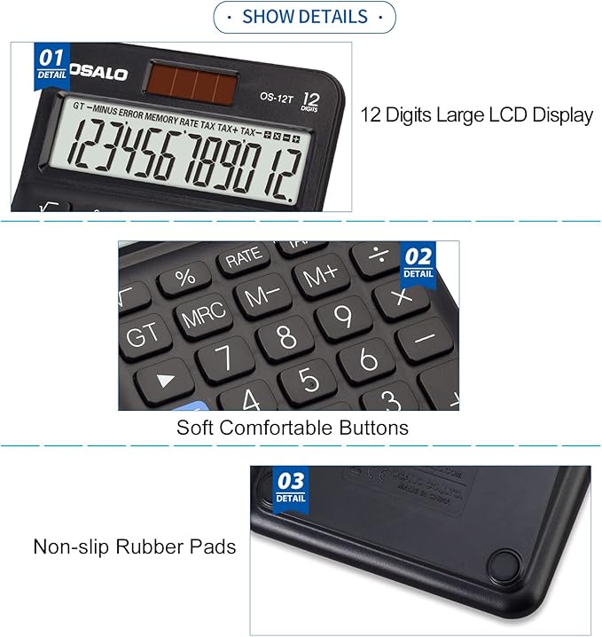 Pocket Small Size Desk Calculator, 12 Digit Large LCD Display, Basic Tax Function Handheld Desktop Calculator with Solar Battery Dual Power, Perfect for Office, School, Business OS-12T (Black)