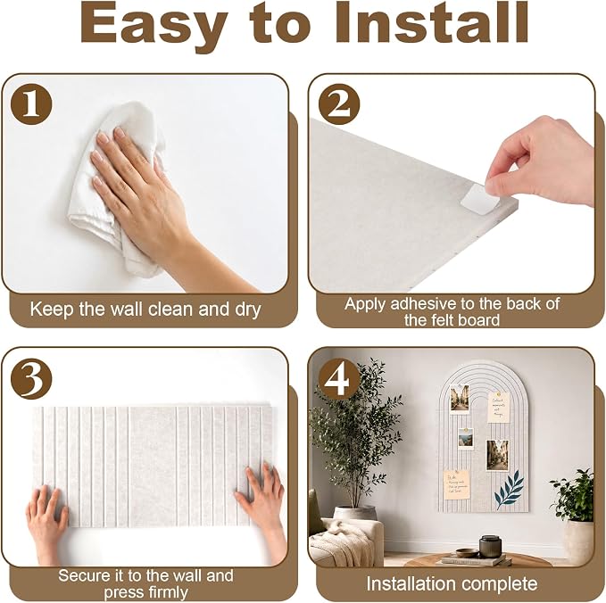 Large Arched Felt Bulletin Board, Stylish Sized 36" x 24" Cork Board Alternative with Grooved Pin Board for Office & Wall, 3 Foldable Customizable Adhesive Tiles with Pins for Photo Display, Oatmeal