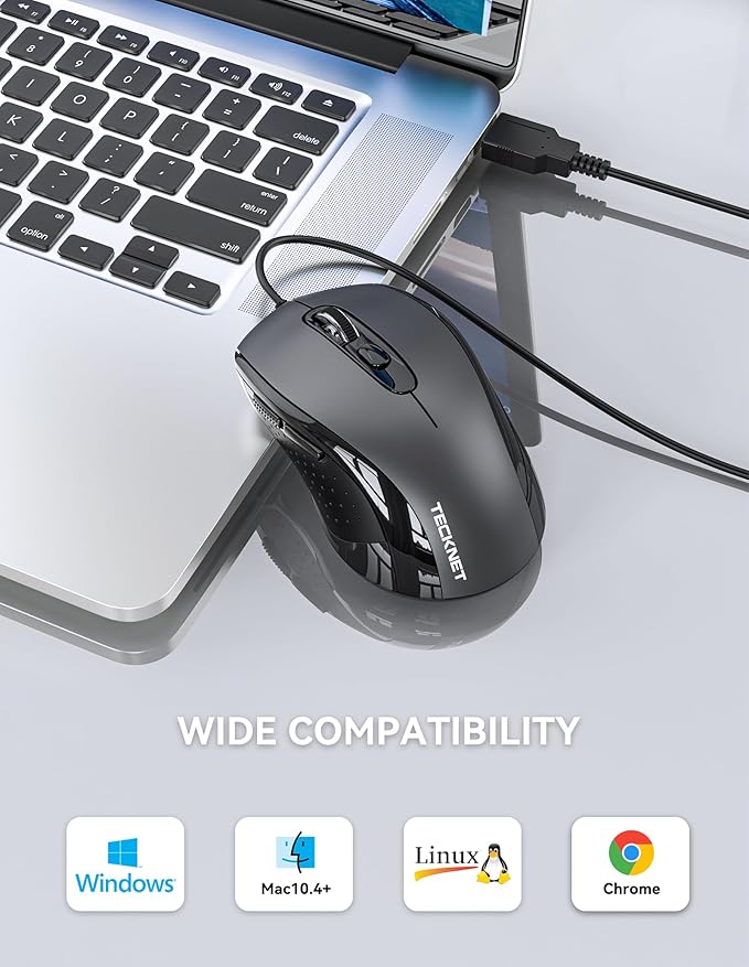 TECKNET USB-A Wired Mouse for Laptop Computer with 6-Button,Home and Office 5FT Corded Mouse, 3600DPI Ergo-Optic Shape PC Mouse Wired for Chromebook,PC,Desktop,Notebook- Grey