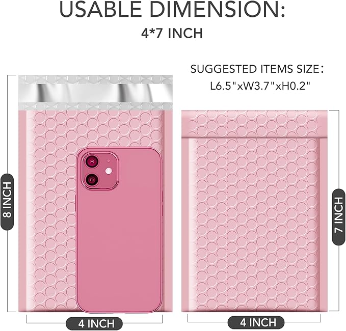 GSSUSA Sakura Pink Bubble Mailers 4X8 Inches 500 Pack, Padded Poly Bubble Mailer, Small Padded Envelopes Strong Adhesion Bubble Envelopes,Self-Seal Mailing Envelopes for Small Business