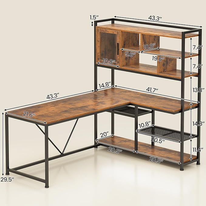 SEDETA L Shaped Computer Desk with Storage Shelves, Bookshelf, Rustic Brown | 58'' Reversible Office Desk with LED Light, Glass Door Cubby, L Shaped Corner Desk for Gaming, Two Monitors, Small Space