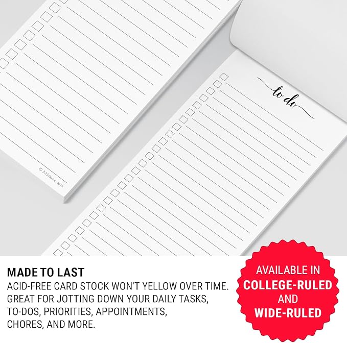 321Done To Do List Notepad, Skinny 3.7x8.5 Inches, 2-Pack, 50 Sheets Each | Made in USA - Slim College Ruled Checklist Pads for Tasks, Errands and Groceries, Thick Bright White Paper, Tear-Off Sheets