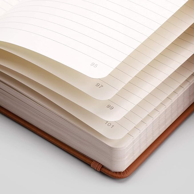 EMSHOI A5 College Ruled Notebook, 256 Numbered Pages 120GSM Ink-Proof Faux Leather Hardcover Lay-Flat Lined Journal for Work Office School Travel Writing, Small 5.75" x 8.38", Brown