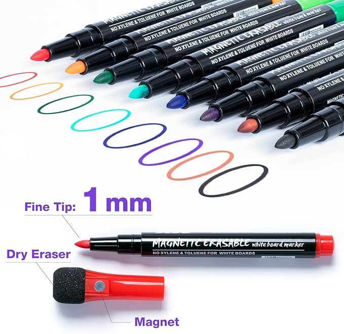 Fine Tip Dry Erase Markers 8 Pack, Magnetic Dry Erase Markers With Eraser, Skinny Low Odor White Board Marker Pens Bullet Tip Fine Point Thin Dry Erase Markers For Teachers Office Supplies