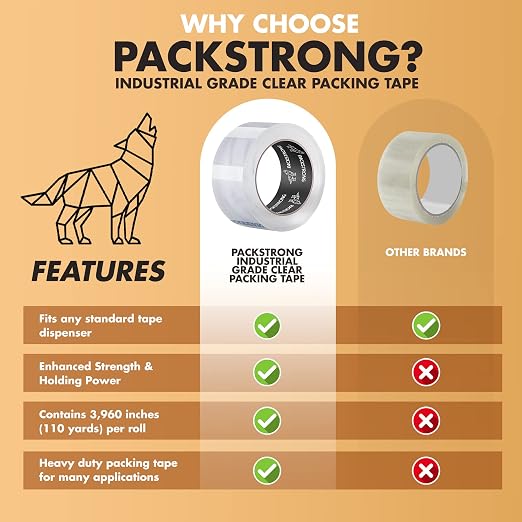 Packstrong Industrial Grade Clear Packing Tape 12 Rolls - 110 Yards per Roll - 2" Wide x 2 mil Thick, Acrylic Adhesive Tape for Box Office Moving Packaging Shipping