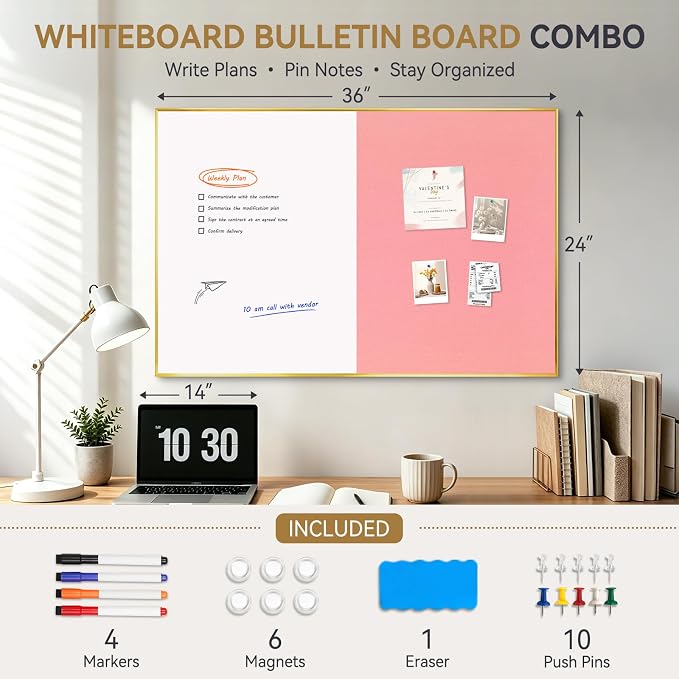 Whiteboard Bulletin Board Combo, 36"x24" Dry Erase Linen Cork Board | Magnetic, Gold Aluminum Frame, Pink Linen Pin Board, Wall Mount, Vertical & Horizontal, for Home Office Kitchen Dorm