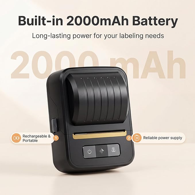 Label Maker Machine with Tape, Bluetooth 2 Inch Thermal Label Printer | Bluetooth Portable Inkless Sticker Printer for Small Business, Home, School & Office Organization, Includes 1 Label Roll