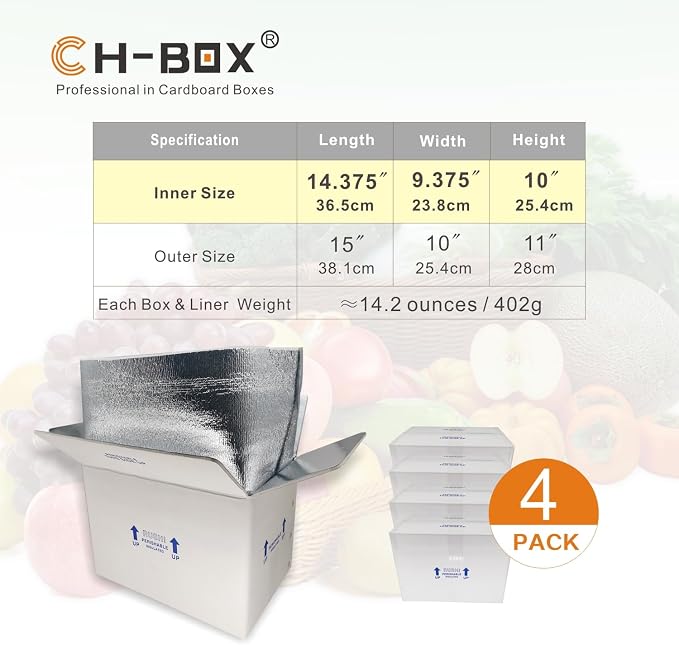 Insulated Shipping Boxes with Liners, 4 Pack 15'' x 10'' x 11'' Small Cold Shipping Boxes, for Perishable Frozen Food Shipping, White (TB151011L-4)