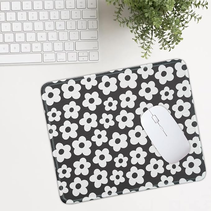 Mouse Pad for Desk with Stitched Edge, Premium Cute Washable Mouse Pads. Computer Mousepad with Non-Slip Rubber Base, Mousepads for Laptop, 9.25x7.75x0.12 inch (White Flowers)