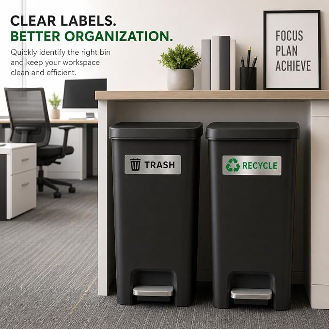 GRITKULTURE Premium Trash & Recycling Stickers for Bins – 2 Pack Metallic Look Printed Labels (Not Real Metal) – Clear Waste Sorting Decals for Kitchen, Office & Garage – Waterproof Vinyl, Easy Peel & Removable(1)