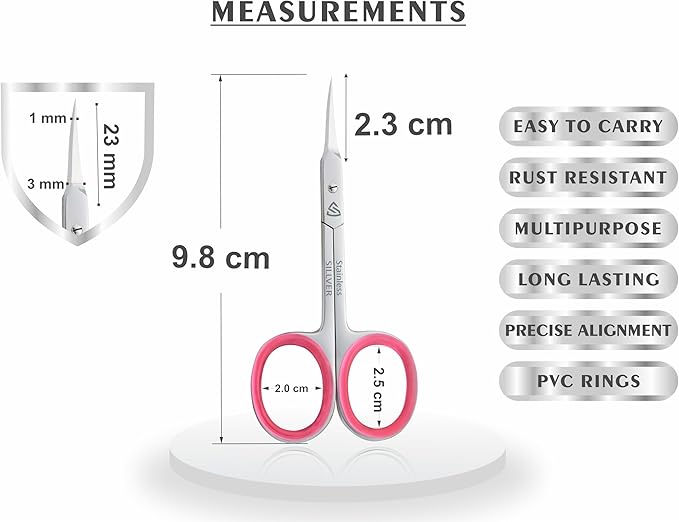 SILLVER Cuticle Scissors Extra Fine Curved, Super Slim Small Scissors with Precise Pointed Tip, Beard, Eyelash, Mustache, Dry Skin - Manicure Scissors