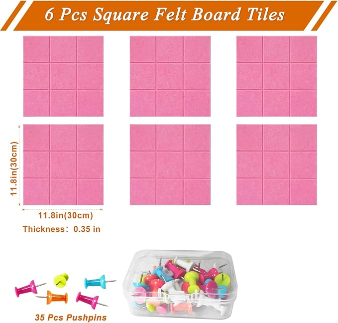 Large Square Felt Cork Board Tiles, Self Adhesive DIY Felt Bulletin Board Pin Board with 35 Pushpins for Office School Home Wall Decor Stickers Memos Photos Display (Pink)