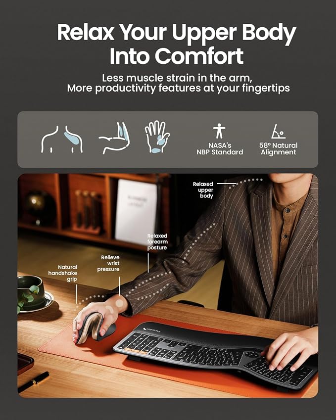 ProtoArc EM11 NL Wireless Ergonomic Mouse, Rechargeable, Black Gold | 58° vertical design supports a natural wrist posture, connect 3 devices via Bluetooth/2.4G USB-A, 500mAh USB-C rechargeable.