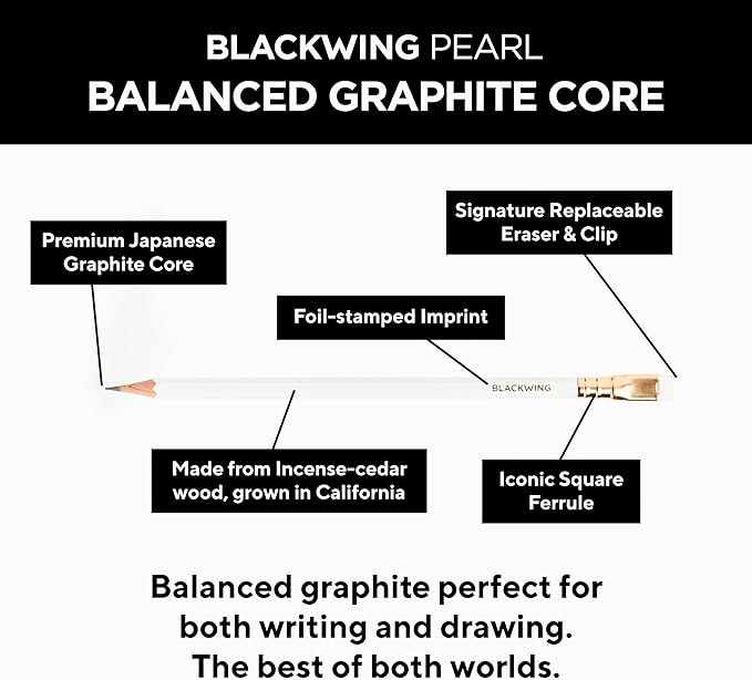 Blackwing Pearl Pencils - 12 Count, Incense-cedar, Premium Japanese Graphite, Pearlescent White, Balanced Lead, Great for Journaling and Writing