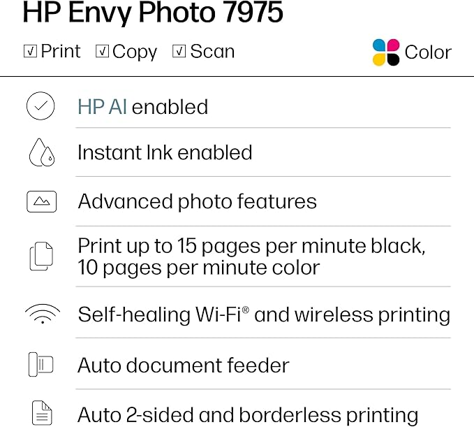 HP Envy Photo 7975 Wireless Color Inkjet Photo Printer, Print, scan, Copy, Easy Setup, Mobile Printing, Best-for-Home, 3 Month Instant Ink Trial Included, AI-Enabled (B63K3A)
