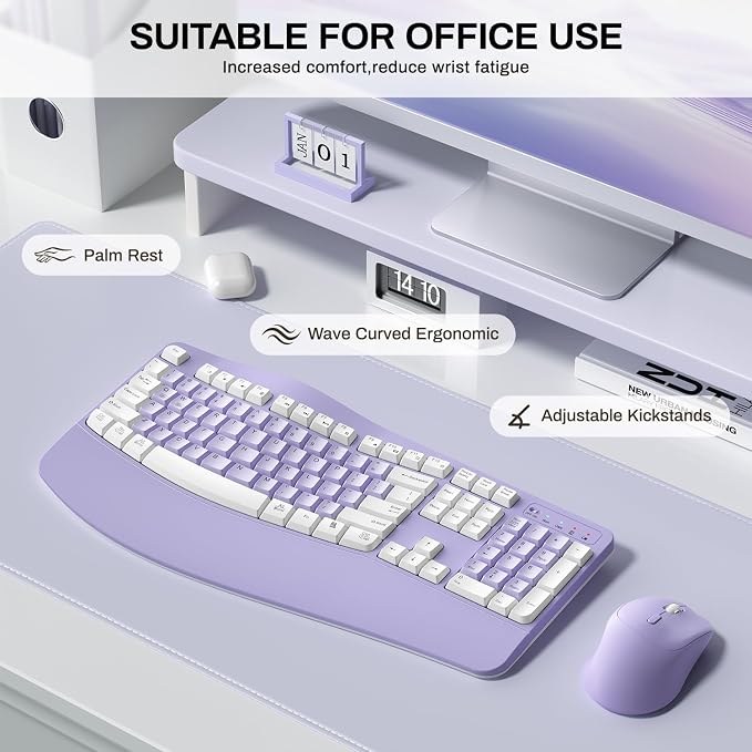 Wireless Keyboard and Mouse Combo,2.4G Ergonomic Wave Keys(Purple-A) | Full Size Cordless Keyboard with Wrist Rest,3-Level DPI Ergonomic Mouse for Office and Home,Windows/Mac OS/Desktop/Laptop/PC