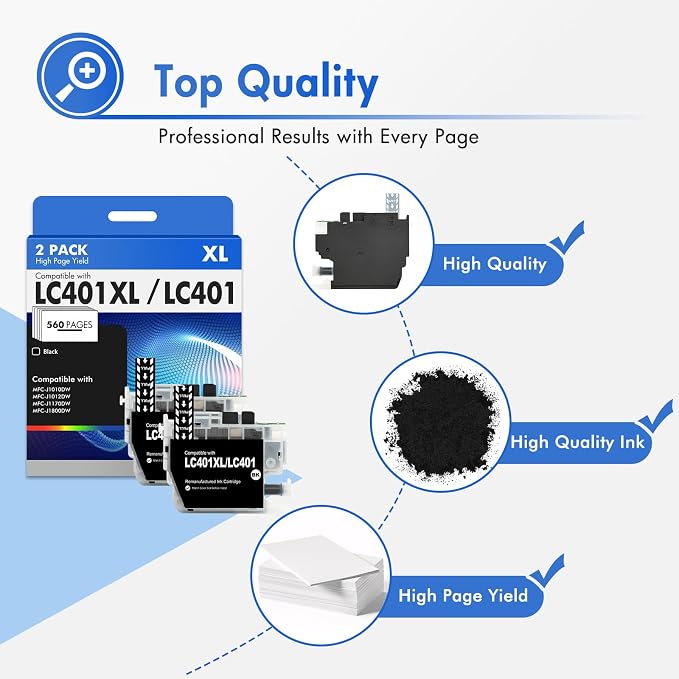 LC401XL LC401 Black Ink Cartridges for Brother MFC-J1010DW MFC-J1170DW | Compatible for Brother LC 401XL Ink MFC-J1010DW MFC-J1170DW MFC-J1012DW MFC-J1800DW Printer (High Yield, 2 Black Pack)