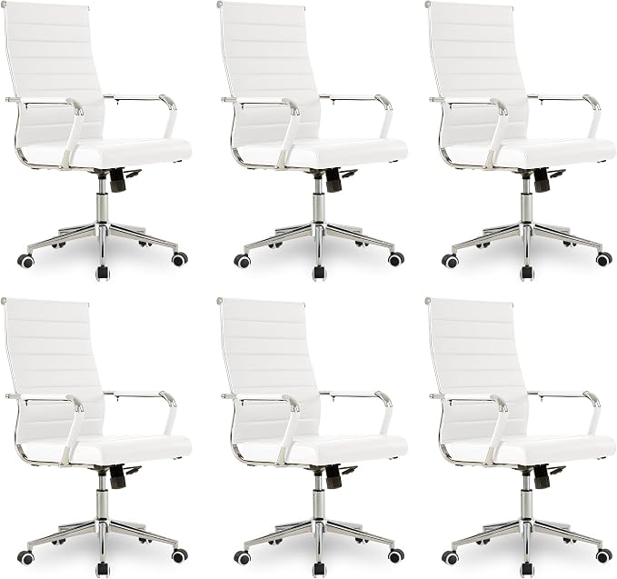 Okeysen Office Desk Chair, Ergonomic Leather Modern Conference Room Chairs, Executive Ribbed Height Adjustable Swivel Rolling Chair for Home Office Set of 6. (White)