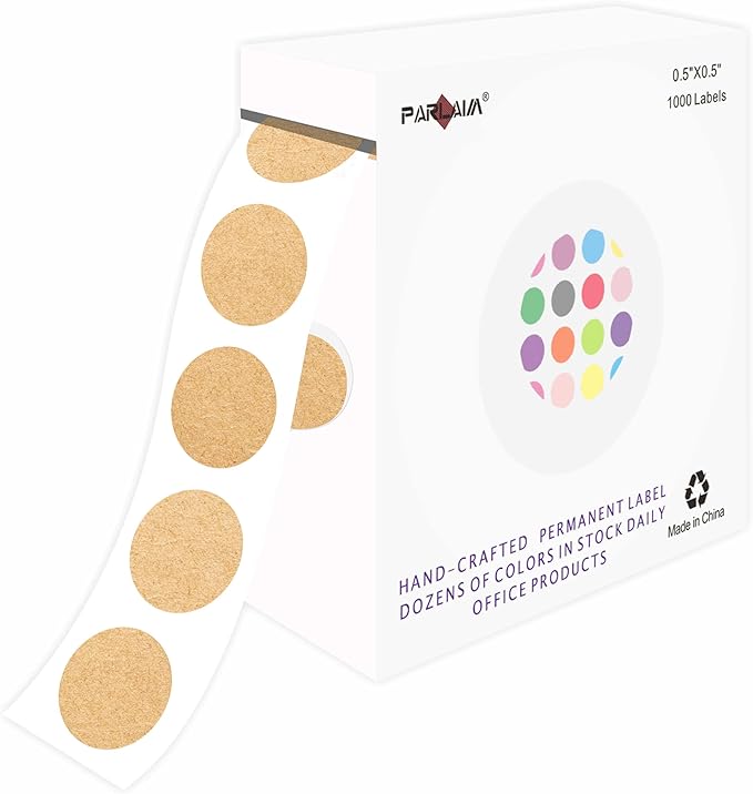 PARLAIM 1/2" Round Color Coding Circle Dot Labels, 1000 Stickers per Dispenser Box, Kraft Paper for Office and Business