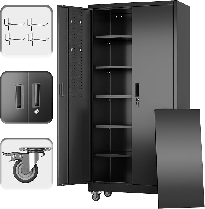 71" Metal Storage Cabinet with Wheels, Pegboard, Lock, 5 Shelves | Locking steel cabinet with wheels, two inside-door pegboards and 5 shelves for garage, workshop or office; assembly required.