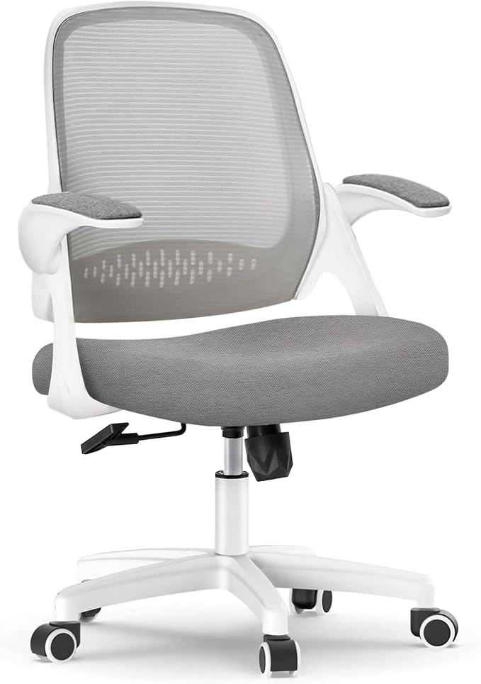 NEO CHAIR Office Desk Chair, Ergonomic Mesh with Flip-Up Armrests, Grey | Lumbar Support, Height Adjustment, 360° Swivel and Rolling Base, Space-Saving Design for Home Office, Vanity or Study