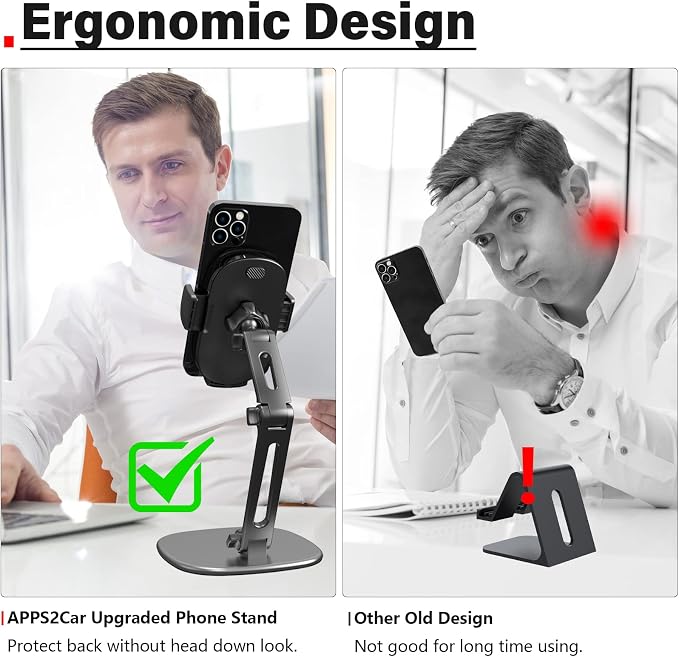 APPS2Car Phone Stand for Desk, Adjustable Cell Phone Holder for Office | Triple-Clamp Phone Holder, Height-Adjustable Folding Arm, 360° Rotation, Anti-Slip Base, Fits Cases up to 20mm