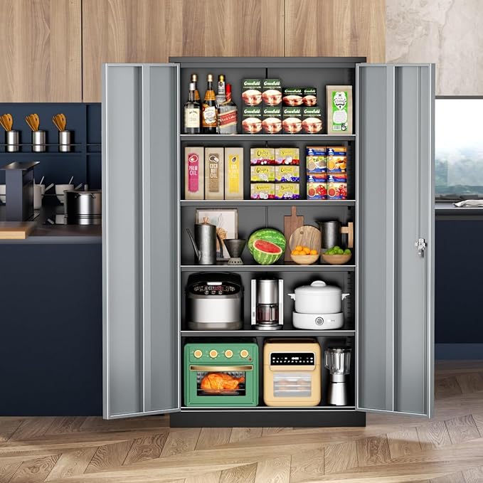 Metal Storage Cabinet,72" Locking Steel Cabinets with 2 Doors and 4 Adjustable Shelves,Tall Steel Storage for Home Office, Garage,Warehuse (Black Grey)