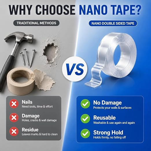 Double Sided Tape Heavy Duty, Nano Clear Mounting Tape, Picture Hanging Poster Carpet Tape for Walls, Dorm Office School Outdoor, Removable Adhesive 【2 Rolls】（9.85FTx1.2in&0.8in