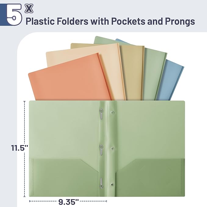 Mr. Pen- Plastic Folders with Pockets and Prong, 5 Pack, Vintage Colors, Pocket Folders, Folders with Prongs, File Folders with Fasteners, 2 Pocket Folder, Folder with Pocket