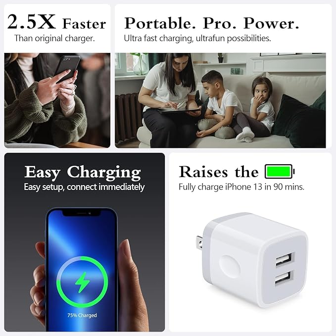 Wall Charger,USB Brick 3Pack 2.1A/5V Dual Port USB Plug Charger Cube Power | Adapte Fast Charging Block for iPhone 17 16e 16 15 14 13 12 Pro Max 8 7 6 Plus 5S,iPad,Samsung Galaxy S8 S7 S6,Android Phone