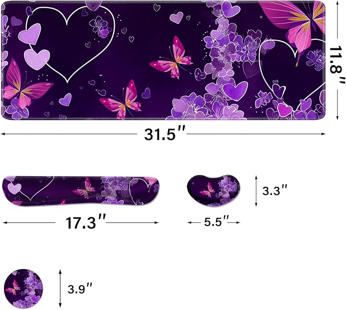 Desk Pad and Keyboard Wrist Rest, Large Mouse Pad + Keyboard Pad+Mouse Wrist Support, Non-Slip Desk Mat Protector for Office, Home 31.5×11.8 Inches Purple Butterfly