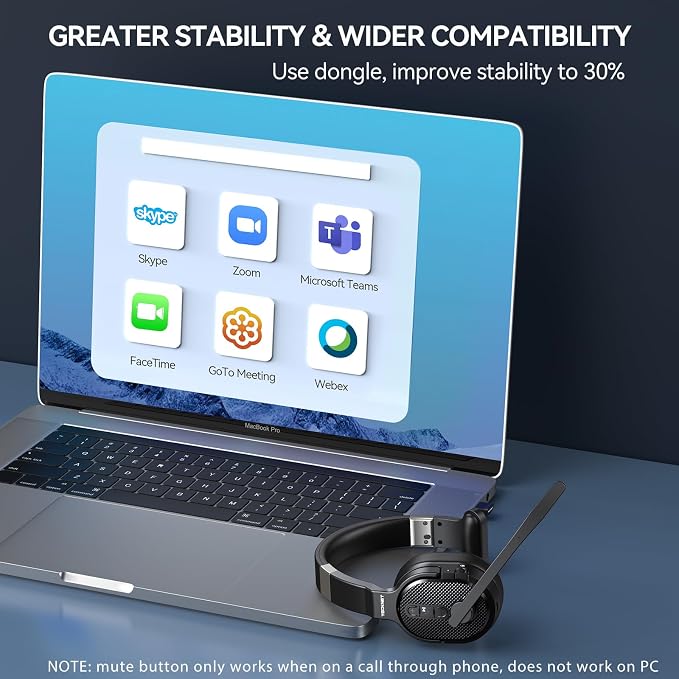 TECKNET Bluetooth Trucker Wireless Headset, Noise Cancelling Mic for Work | Single Ear, 50Hrs Battery, 3 EQ Music Modes, Clear Mic Wireless Headset for PC, Truck Drivers, Office & Call Center
