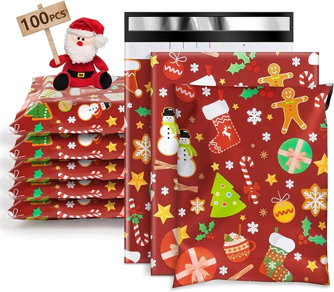 Oududianzi Christmas Poly Mailers 10x13, 100PCS Plastic Shipping Bags, Mailers Poly Bags for Shipping, Self-Seal Mailing Bags, Holiday Polymailers Packaging Bags for Small Business and Retail Stores