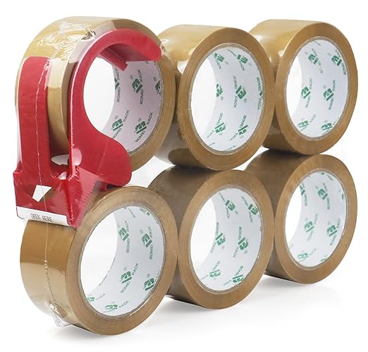 BOMEI PACK Tan Packing Tape Refills, Brown Packing Tape with Dispenser for Shipping, Moving and Packaging, 6Rolls 2.4 Mil 1.88 Inch x 60 Yards