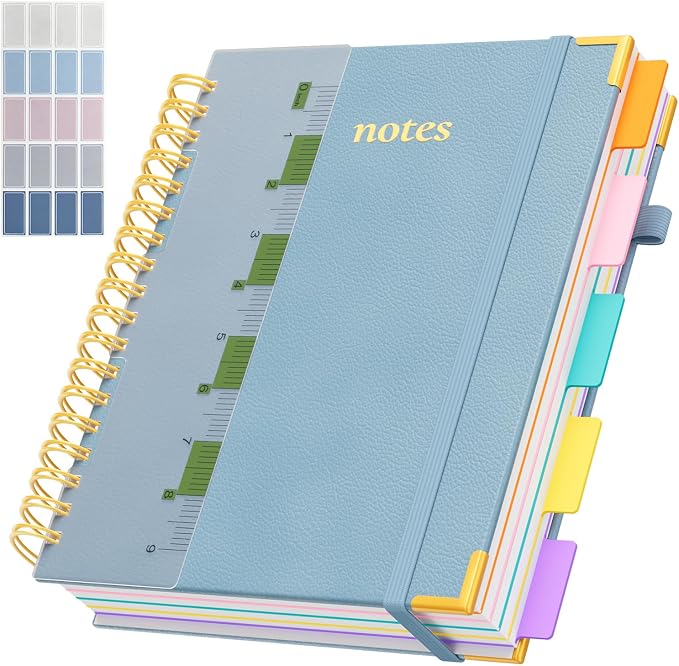 Line Hardcover Spiral Notebook with Removable Dividers Tabs & Ruler, 5 Subject Notebook College Ruled, 300 Page, Large 8"x10" B5 Notebooks for Work School, Lined Journal for Women, Light Blue