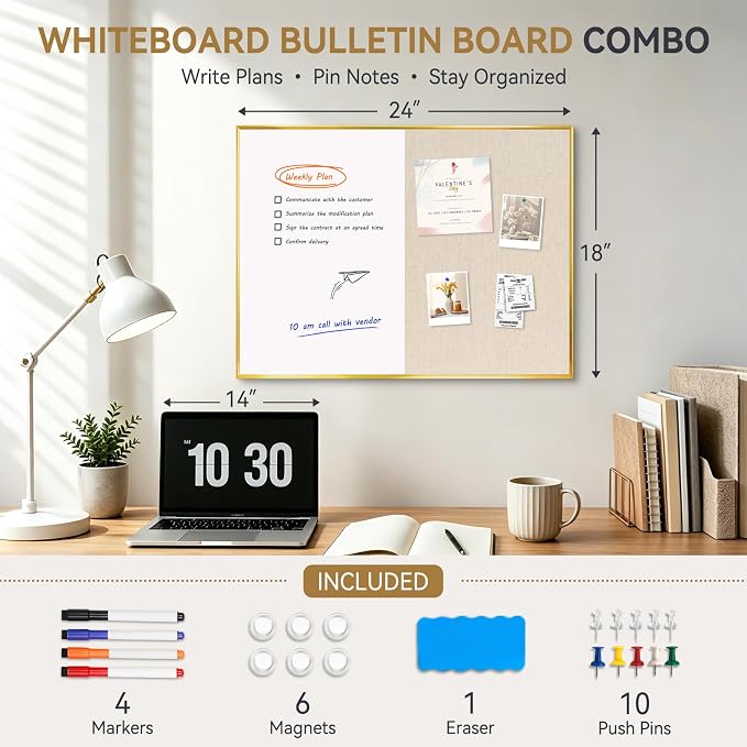 Whiteboard Bulletin Board Combo, 24"x18" Dry Erase Linen Cork Board | Magnetic, Gold Aluminum Frame, Beige Linen Pin Board, Wall Mount, Vertical & Horizontal, for Home Office Kitchen Dorm