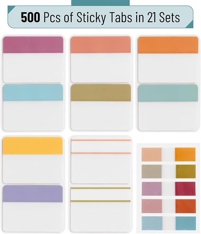 Mr. Pen- Sticky Index Tabs, 500 Pcs, 21 Sets, Vintage | Writable Colored Pages Markers Labels for Reading Notes, Books, Binders, Notebook, Folders and Classify Files
