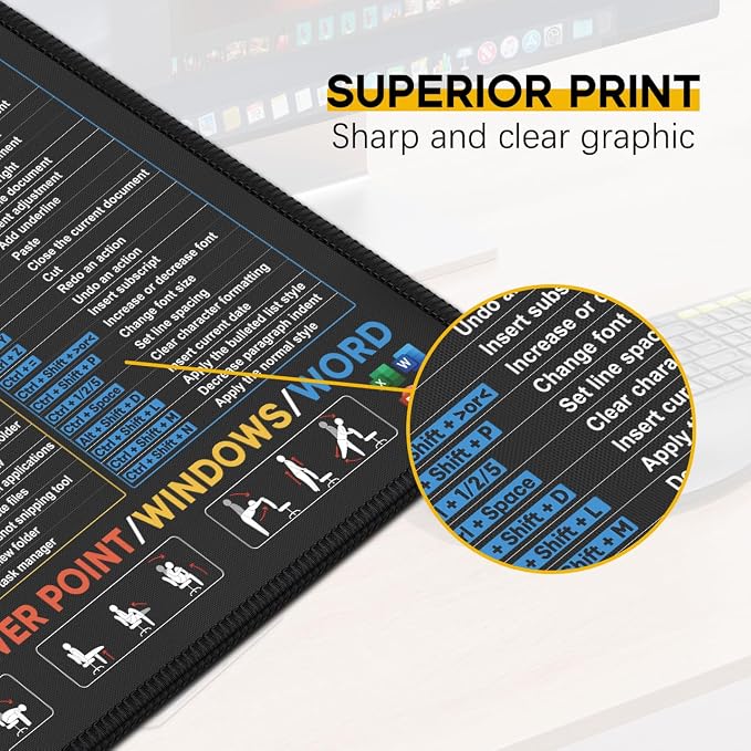 3 Pack Mouse Pads for Excel/Word/PowerPoint/Windows Shortcuts | Non-Slip Rubber Base, Anti-Fray Stitched Edge Small Cheat Sheet Desk Pad,Easy-To-Find Categorized Shortcuts,10.2x8.3x0.12inch