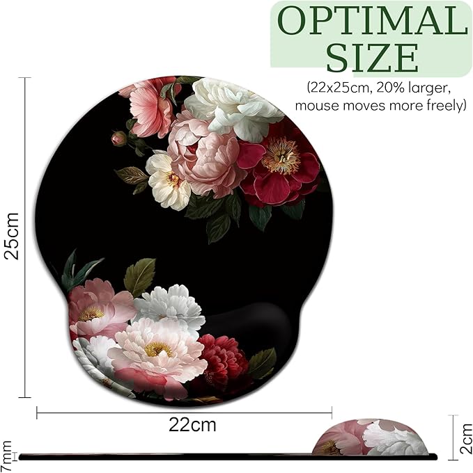 Black Flower Mouse Pad with Wrist Rest, Ergonomic Mouse Pad Wrist Support with Non-Slip Pain Relief PU Base, Funny Laptop Computer Mousepad, Cute Office Home Desk Accessories Decor
